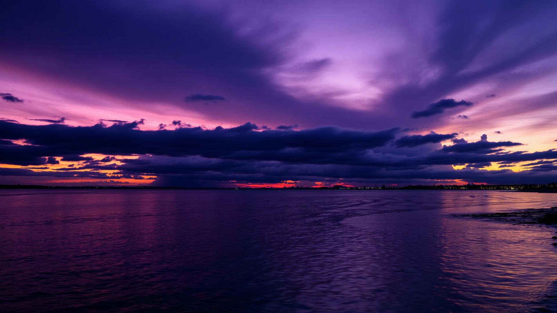 Dramatic dusk landscape over the water in purple and gold tones